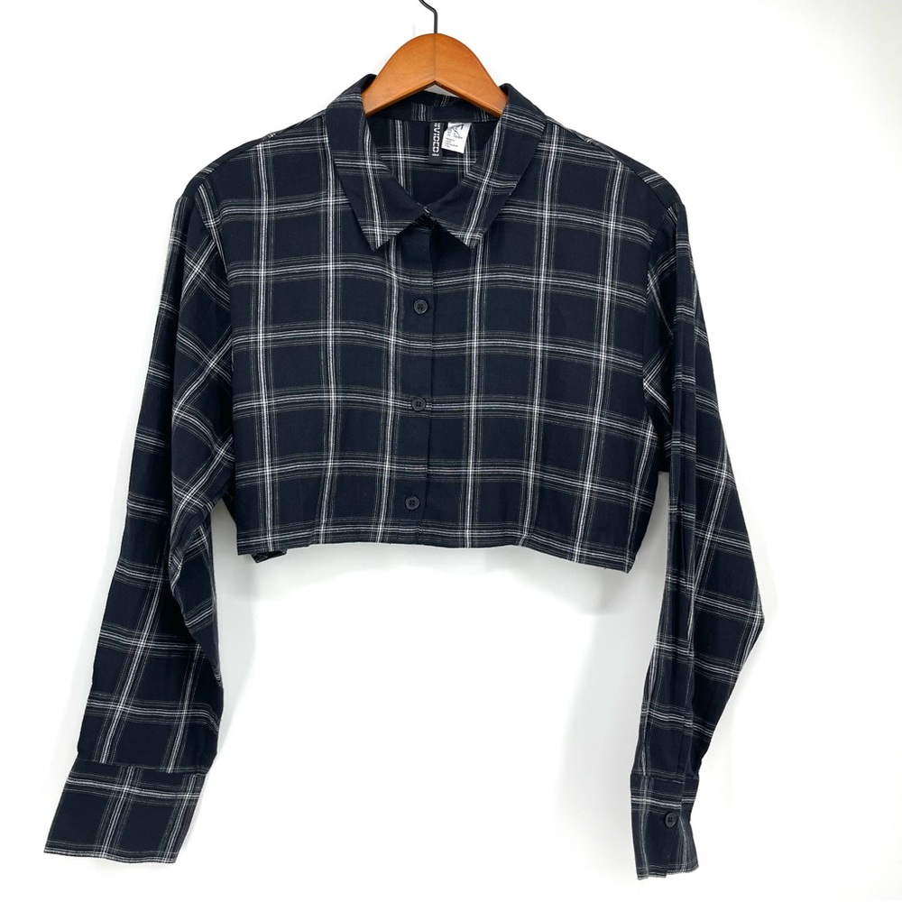 🔥Vtg 2000s Windowpane Cropped Black Long Sleeve Shirt M Plaid Grunge Skater Punk